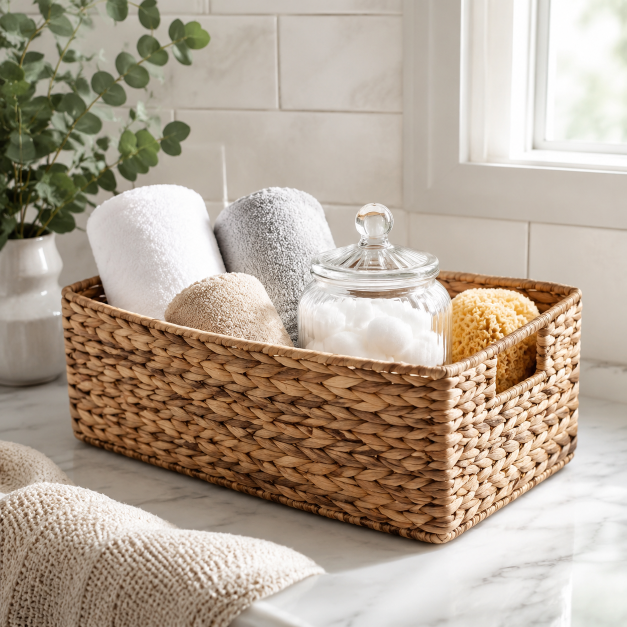 Bath Basket Pack woven basket with towels and jar